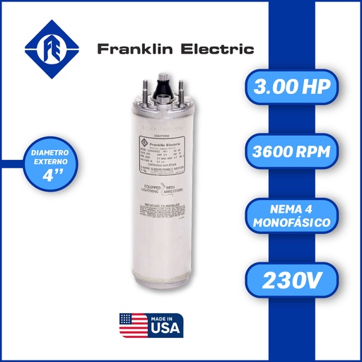 [7505FRA-5FEH3440000300F-SF11] MOTOR SUMERGIBLE MF FRANKLIN  4" SERIE WWELL SS MOD. 2247022604G    3,00HP 1PH/230V/60HZ/2P 3600RPM 3W DOL NEMA4 WF-C                                              