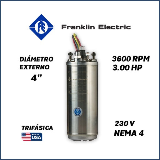 [7505FRA-5FEH6440000300F-SF11] MOTOR SUMERGIBLE TF FRANKLIN  4" SERIE WWELL HT MOD. 2343162604G    3,00HP 3PH/230V/60HZ/2P 3600RPM 3W DOL NEMA4 WF-C                                   