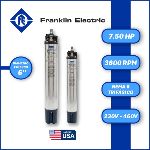 [7515FRA-5FEF4660000752F-SF21] MOTOR SUMERGIBLE TF FRANKLIN  6" SERIE VOLT-X SF MOD. 2363118120     7,50HP 3PH/230-460V/60HZ/2P 3600RPM 3W DOL NEMA6 WF-C