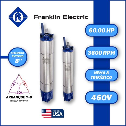 [7525FRA-5FEF8661006002F-SF23] MOTOR SUMERGIBLE TF FRANKLIN  8" SERIE ENCAP SF MOD. 2396228621    60,00HP 3PH/460V/60HZ/2P 3600RPM 6W Y-D NEMA8 WF-C                         