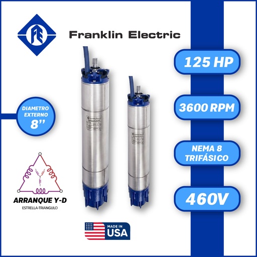 [7525FRA-5FEF8881012502F-SF39] MOTOR SUMERGIBLE TF FRANKLIN  8" SERIE ENCAP SF MOD. 2391258604   125,00HP 3PH/460V/60HZ/2P 3600RPM 6W Y-D NEMA8 WF-C