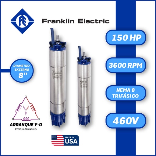 [7525FRA-5FEE8881015001F-SF39] MOTOR SUMERGIBLE TF FRANKLIN  8" SERIE ENCAP SF MOD. 2391268604   150,00HP 3PH/460V/60HZ/2P 3600RPM 6W Y-D NEMA8 WF-C                                             
