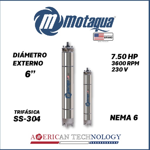 [7515MKD-23000756] MOTOR SUMERGIBLE TF MOTAQUA  6" SERIE MKD MOD. T6WRF0075J   7,50HP 3PH/230V/60HZ/2P 3600RPM 3W DOL NEMA6 WF-R SS-304    6S05660S005