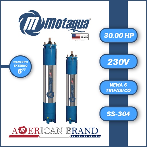[7515MKD- 23003006] MOTOR SUMERGIBLE TF MOTAQUA MKD DSM6 6" T6WRF0300J  30,00HP 3PH/230V/60HZ/2P 3600RPM 3W DOL NEMA6 WF-R SS-304     6T22560S005