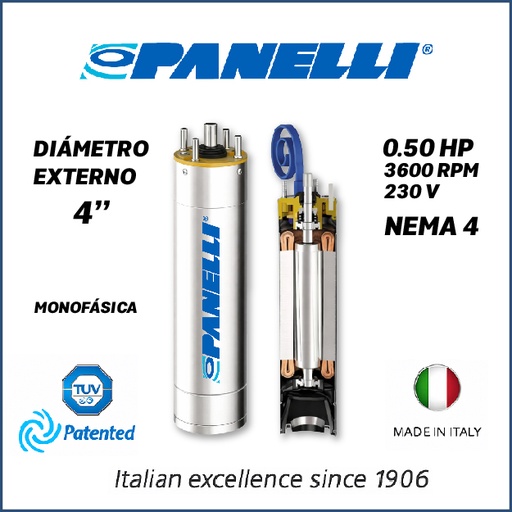 [7505PAN-PORM04000523D0-SF01] MOTOR SUMERGIBLE MF PANELLI  4" SERIE P0400 MOD.   0,50HP 1PH/230V/60HZ/2P 3600RPM 3W DOL NEMA4 OF-R