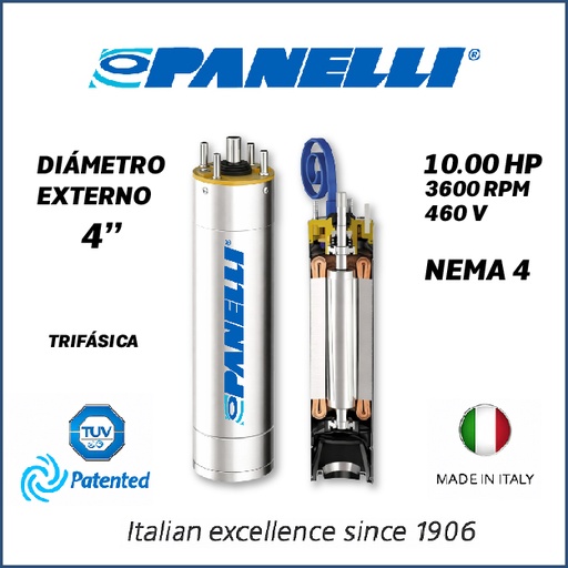 [7505PAN-PORF04010046D0-SF01] MOTOR SUMERGIBLE TF PANELLI  4" SERIE P0400 MOD.  10,00HP 3PH/460V/60HZ/2P 3600RPM 3W DOL NEMA4 OF-R