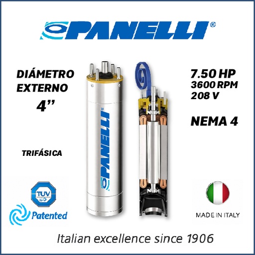 [7505PAN-PORF04007520D0-SF01] MOTOR SUMERGIBLE TF PANELLI  4" SERIE P0400 MOD.   7,50HP 3PH/208V/60HZ/2P 3600RPM 3W DOL NEMA4 OF-R