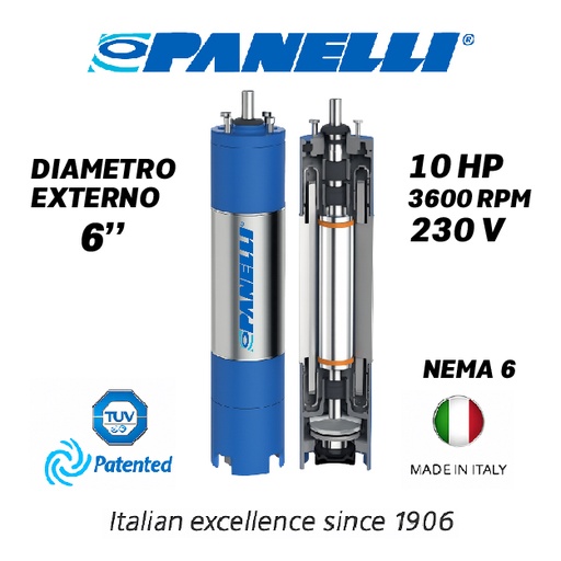 [7515PAN-PAR060100230D0-SF01] MOTOR SUMERGIBLE TF PANELLI  6" SERIE P0600 MOD.  10,00HP 3PH/230V/60HZ/2P 3600RPM 3W DOL NEMA6 WF-R