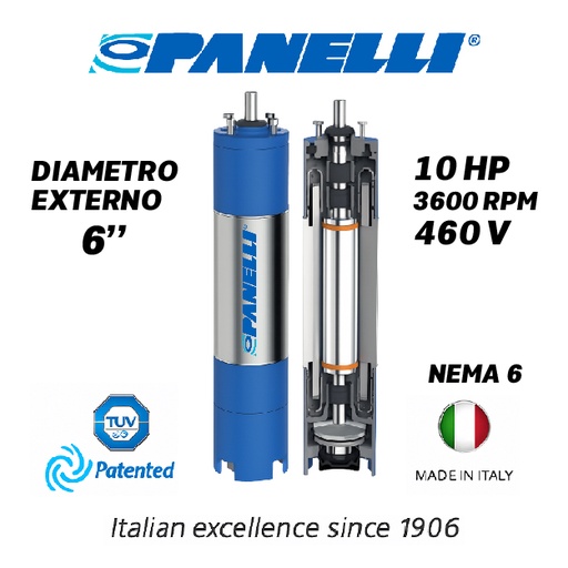 [7515PAN-PAR060100460D0-SF01] MOTOR SUMERGIBLE TF PANELLI  6" SERIE P0600 MOD.  10,00HP 3PH/460V/60HZ/2P 3600RPM 3W DOL NEMA6 WF-R