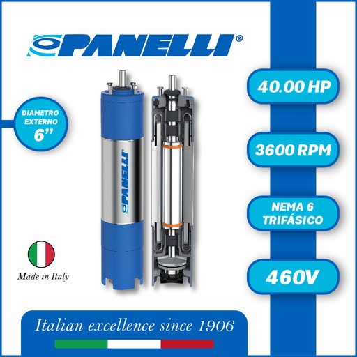 [7515PAN-PAR060400460E0-SF01] MOTOR SUMERGIBLE TF PANELLI  6" SERIE P0600 MOD.  40,00HP 3PH/460V/60HZ/2P 3600RPM 6W Y-D NEMA6 WF-R