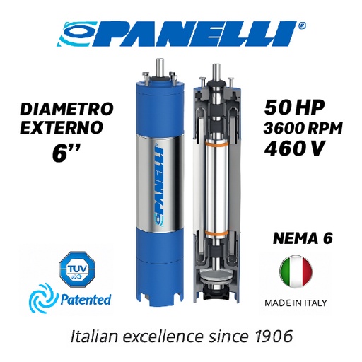 [7515PAN-PAR060500460E0-SF01] MOTOR SUMERGIBLE TF PANELLI  6" SERIE P0600 MOD.  50,00HP 3PH/460V/60HZ/2P 3600RPM 6W Y-D NEMA6 WF-R