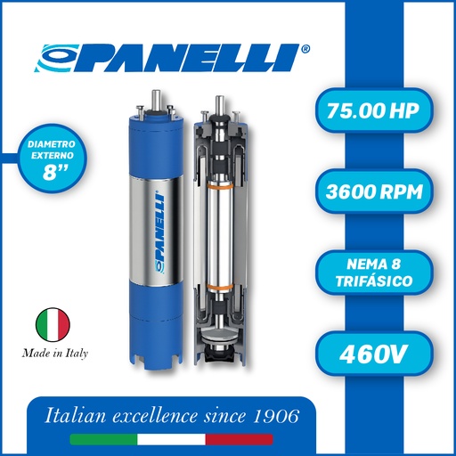 [7525PAN-PAR080750460E0-SF01] MOTOR SUMERGIBLE TF PANELLI  8" SERIE P0800 MOD.  75,00HP 3PH/460V/60HZ/2P 3600RPM 6W Y-D NEMA8 WF-R