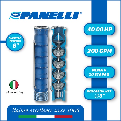 [5515PAN-140REC20010] CUERPO SUMERGIBLE PANELLI  6" SERIE REC MOD 140REC20010 200GPM  40,00HP  3"NPT 10ET NEMA6