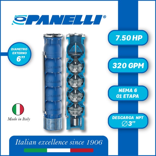 [5515PAN-140REC32001] CUERPO SUMERGIBLE PANELLI  6" SERIE REC MOD 140REC32001 320GPM   7,50HP  01ET 3"NPT NEMA6