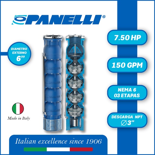 [5505PAN-140REC15003] CUERPO SUMERGIBLE PANELLI  6" SERIE REC MOD 140REC15003 150GPM   7,50HP  03ET 3"NPT NEMA6