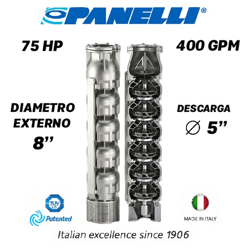 [5525PAN-180SX40005] CUERPO SUMERGIBLE PANELLI  8" SERIE  SX MOD. 180SX40005 400GPM  75,00HP  05ET 5"NPT NEMA8