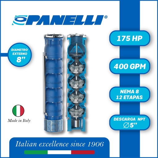 [5525PAN-180REC40012] CUERPO SUMERGIBLE PANELLI  8" SERIE REC MOD. 180REC40012 400GPM 175,00HP  12ET 5"NPT NEMA8