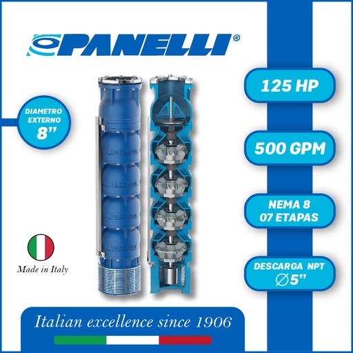 [5525PAN-180REC50007] CUERPO SUMERGIBLE PANELLI  8" SERIE REC MOD. 180REC50007 500GPM 125,00HP  07ET 5"NPT NEMA8