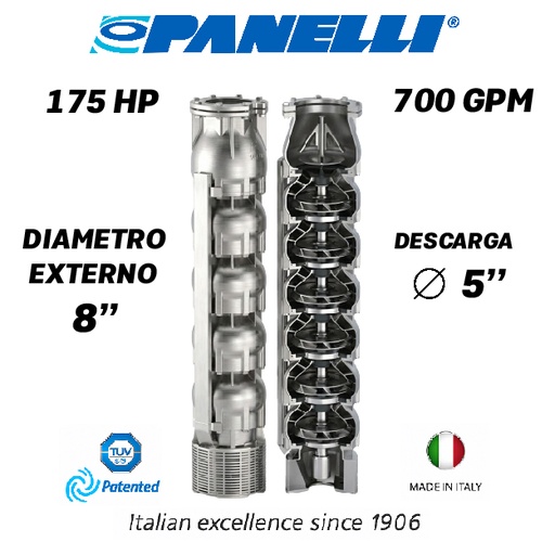 [5525PAN-180SX70008] CUERPO SUMERGIBLE PANELLI  8" SERIE  SX MOD. 180SX70008 700GPM 175,00HP  08ET 5"NPT NEMA8