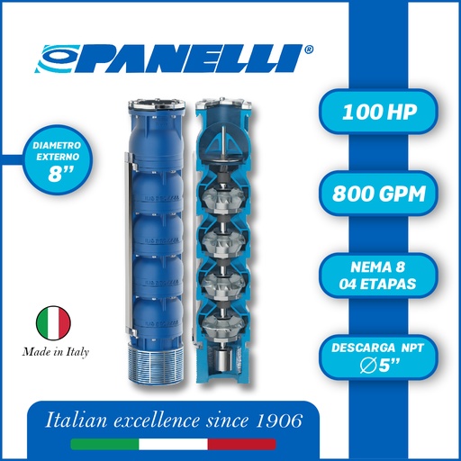 [5525PAN-180REC80004] CUERPO SUMERGIBLE PANELLI  8" SERIE REC MOD. 180REC80004 800GPM 100,00HP  04ET 5"NPT NEMA8