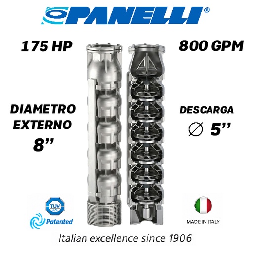 [5525PAN-180SX80007] CUERPO SUMERGIBLE PANELLI  8" SERIE  SX MOD. 180SX80007 800GPM 175,00HP  07ET 5"NPT NEMA8