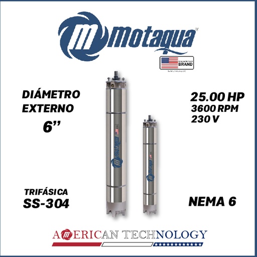 [7515MKD-23025006] MOTOR SUMERGIBLE TF MOTAQUA  6" SERIE MKD MOD. T6WRF0250J  25,00HP 3PH/230V/60HZ/2P 3600RPM 3W DOL NEMA6 WF-R SS-304