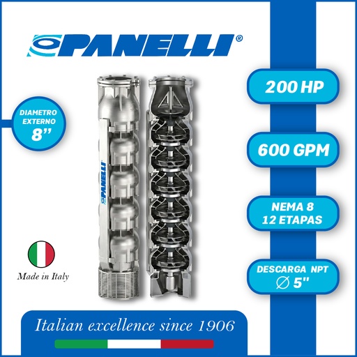[5525PAN-180SX60012] CUERPO SUMERGIBLE PANELLI  8" SERIE  SX MOD. 180SX60012 600GPM 200,00HP  12ET 5"NPT NEMA8