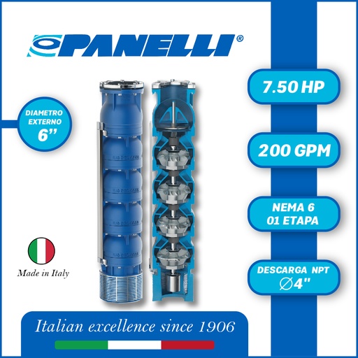 [5515PAN-140REC20001GX0-SF01] CUERPO SUMERGIBLE PANELLI  6" SERIE REC MOD 140REC20001 200GPM   7,50HP  01ET 4"NPT NEMA6