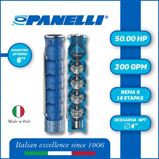 [5515PAN-140REC20016GX0-SF01] CUERPO SUMERGIBLE PANELLI  6" SERIE REC MOD 140REC20016 200GPM  50,00HP  16ET 4"NPT NEMA6 