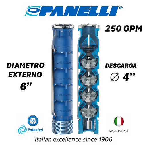 [5515PAN-140REC25007GX0-SF01] CUERPO SUMERGIBLE PANELLI  6" SERIE REC MOD 140REC25007 250GPM  25,00HP  07ET 4"NPT NEMA6 