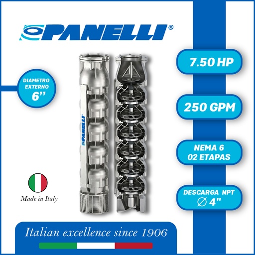 [5515PAN-140SX25002GX0-SF01] CUERPO SUMERGIBLE PANELLI  6" SERIE  SX MOD. 140SX25002  250GPM   7,50HP 02ET 4"NPT NEMA6 