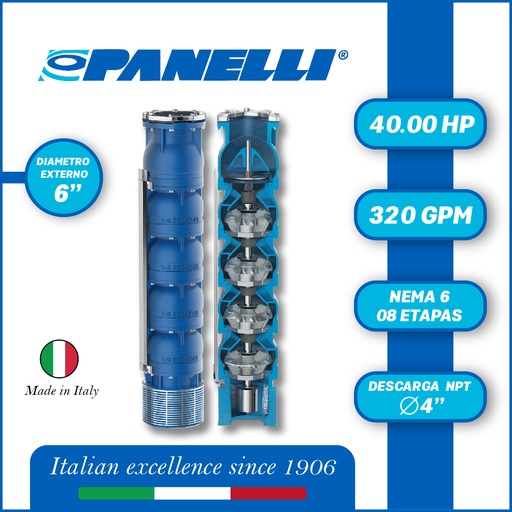 [5515PAN-140REC32008GX0-SF01] CUERPO SUMERGIBLE PANELLI  6" SERIE REC MOD 140REC32008 320GPM  40,00HP  08ET 4"NPT NEMA6