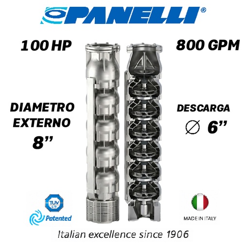 [5525PAN-180SX80004NX0-AS01] CUERPO SUMERGIBLE PANELLI  8" SERIE  SX MOD. 180SX80004 800GPM 100,00HP  04ET 6"NPT NEMA8 