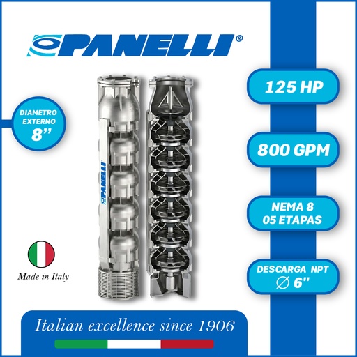 [5525PAN-180SX80005NX0-AS01] CUERPO SUMERGIBLE PANELLI  8" SERIE  SX MOD. 180SX80005 800GPM 125,00HP  05ET 6"NPT NEMA8 