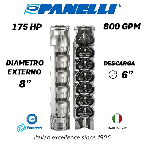 [5525PAN-180SX80007NX0-AS01] CUERPO SUMERGIBLE PANELLI  8" SERIE  SX MOD. 180SX80007 800GPM 175,00HP  07ET 6"NPT NEMA8 