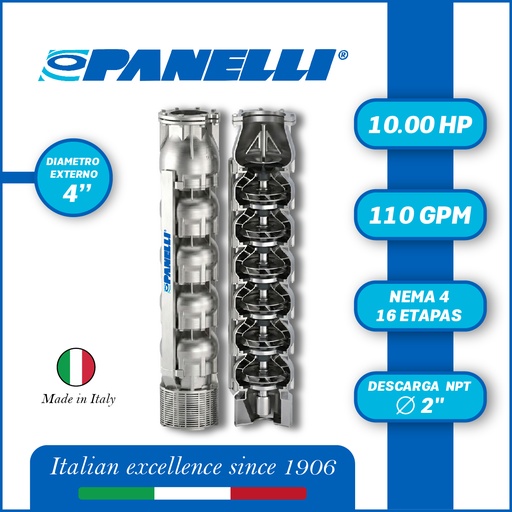 [5505PAN-095SX11016] CUERPO SUMERGIBLE PANELLI  4" SERIE  SX MOD.  95SX11016  110GPM  10,00HP 16ET 2" NPT NEMA4