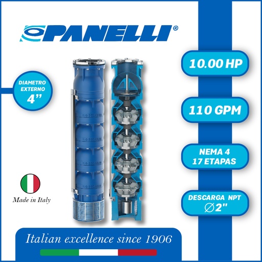 [5505PAN-095REC11017] CUERPO SUMERGIBLE PANELLI  4" SERIE REC MOD.  95REC11017 110GPM  10,00HP 17ET 2"NPT NEMA4