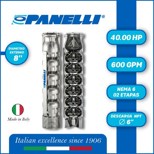 [5525PAN-180SX60002MX0-AS01] CUERPO SUMERGIBLE PANELLI  8" SERIE  SX MOD. 180SX60002 600GPM  40,00HP  02ET 6"NPT NEMA6