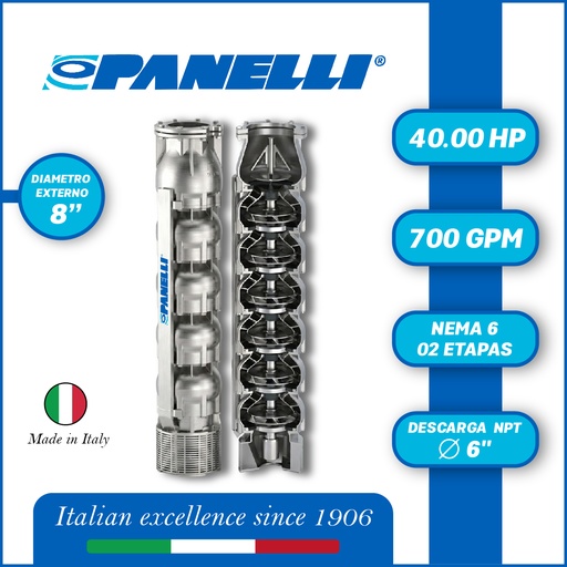 [5525PAN-180SX70002MX0-AS01] CUERPO SUMERGIBLE PANELLI  8" SERIE  SX MOD. 180SX70002 700GPM  40,00HP  02ET 6"NPT NEMA6
