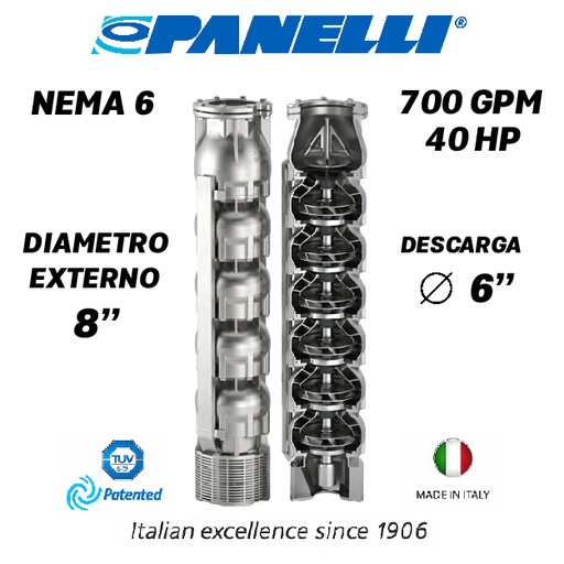 [5525PAN-180SX70002MX0-AS01] CUERPO SUMERGIBLE PANELLI  8" SERIE  SX MOD. 180SX70002 700GPM  40,00HP  02ET 6"NPT NEMA6