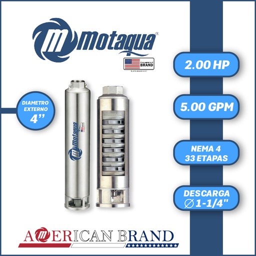 [5505MTS-0054TS002033CX-PF01] CUERPO SUMERGIBLE MOTAQUA  4"       SERIE MTS MOD. 054TS2033   05GPM   2,00HP 33ET 1-1/4"NPT NEMA4