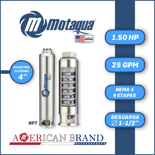 [5505MTS-0254TS001509CX-PF01] CUERPO SUMERGIBLE MOTAQUA  4"   SERIE MTS MOD.  254TS1509   25GPM   1,50HP 09ET 1-1/2"NPT NEMA4