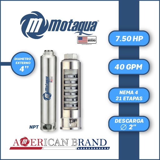 [5505MTS-0404TS007521CX-PF01] CUERPO SUMERGIBLE MOTAQUA  4"   SERIE MTS MOD. 404TS7521   40GPM   7,50HP 21ET 2"NPT NEMA4