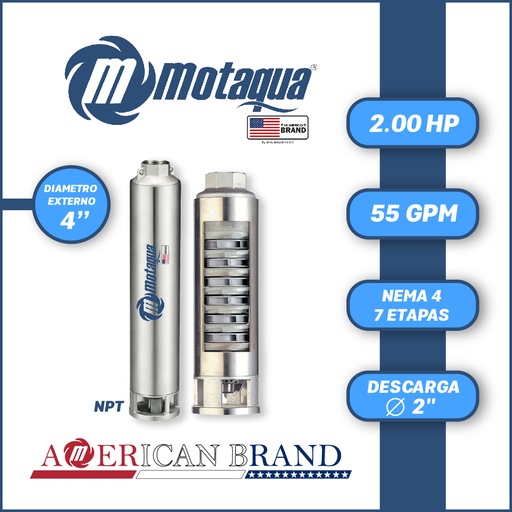 [5505MTS-0554TS002007CX-PF01] CUERPO SUMERGIBLE MOTAQUA  4"  SERIE MTS MOD.  554TS2007   55GPM    2,00HP 07ET 2"NPT NEMA4
