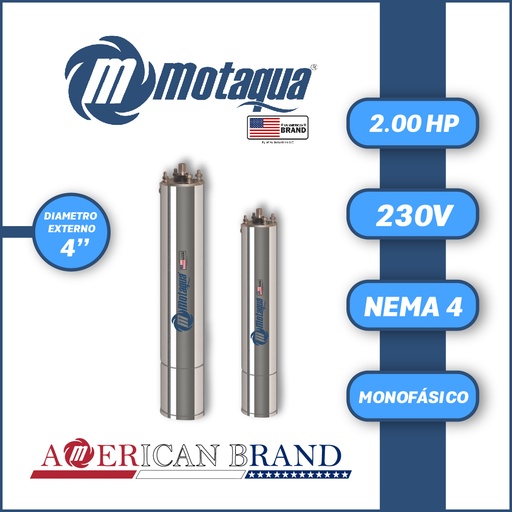 [7505MTS-2M0020F4ORSB3S-AS30] MOTOR SUMERGIBLE MF MOTAQUA MTS DSM4 4" M4ORSF20F   2,00HP 1PH/230V/60HZ/2P 3600RPM 3W DOL NEMA4 OL-R