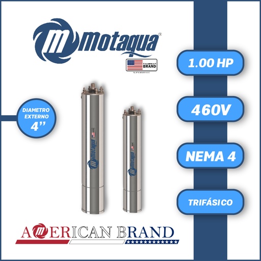 [7505MTS-2T0010L4ORSB3S-AS30] MOTOR SUMERGIBLE TF MOTAQUA MTS DSM4 4" T4ORSF10K   1,00HP 3PH/460V/60HZ/2P 3600RPM 3W DOL NEMA4 OF-R  450LBF