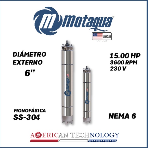 [7515MKD-17] MOTOR SUMERGIBLE MF MOTAQUA  6" SERIE MKD MOD. M6WRF0150F  15,00HP 1PH/230V/60HZ/2P 3600RPM 3W DOL NEMA6  WF-R SS-304