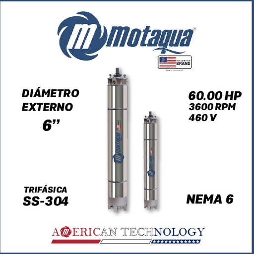 [7515MKD- 23006006] MOTOR SUMERGIBLE TF MOTAQUA  6" SERIE MKD MOD. T6WRF0600P  60,00HP 3PH/460V/60HZ/2P 3600RPM 6W Y-D NEMA6 WF-R SS-304