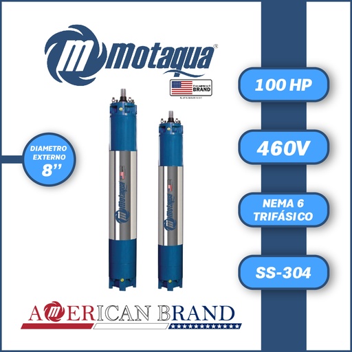 [7525MKD- 460010008] MOTOR SUMERGIBLE TF MOTAQUA MKD DSM8 8"  T8WRF1000P 100,00HP 3PH/460V/60HZ/2P 3600RPM 6W Y-D NEMA8 WF-R SS-304