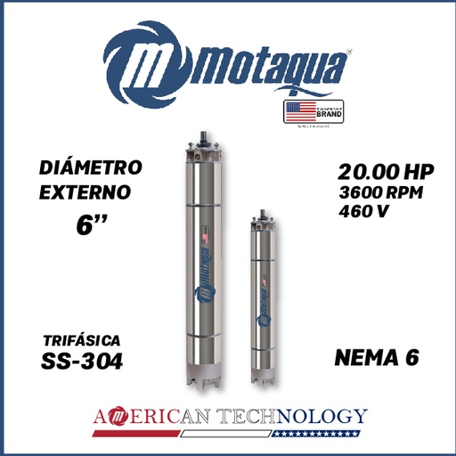 [7515MKD-23002006] MOTOR SUMERGIBLE TF MOTAQUA  6" SERIE MKD MOD. T6WRF0200K  20,00HP 3PH/460V/60HZ/2P 3600RPM 3W DOL NEMA6 WF-R SS-304